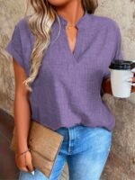 Women'S Casual V-Neck Blouse With Small Stand-Up Collar - Vibrant Yellow Solid Color, Regular Fit, Machine Washable, Versatile For Spring Summer Fall, Seasonal Fashion Top, Sophisticated Casualwear, Lightweight Fabric, Everyday Top, Classic Style, Breathable Material, Stylish Top, Office Casual - Image 5