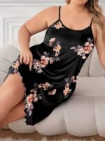 Women'S Plus Sexy Loungewear Dress, Plus Size Floral Print Round Neck Frill Trim Cami Nightdress - Image 2