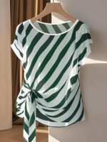 Women'S Elegant French-Inspired Sleeveless Blouse With Bow Detail & Striped Pattern - Semi-Sheer Round Neck Shirt For Spring Summer Fall, Machine Washable Casual To Dressy Tops, Seasonal Fashion, Frenchinspired Design, Decorative Bow Design - Image 2