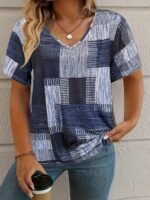 Plus Size, Plus Size Women'S Casual V-Neck Short Sleeve T-Shirt - Stretchy Patchwork Print Top With Lime Green & Purple Geometric Design, Machine Washable For Spring Summer Fall, Seasonal Fashion, Nontransparent Fabric, Highelastic Material - Image 6