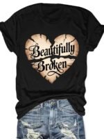 Women'S "Beautifully Broken" Heart Print Casual T-Shirt - Vibrant Orange Short Sleeve Round Neck Summer Top, Machine Washable & Affordable, Ladies T Shirts, Everyday Fashion, Relaxed Fit Tee, Allseason Wear - Image 10