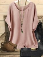 Plus Size, Plus Size Women'S Casual Summer Batwing Sleeve Blouse - Olive Green Solid Color Round Neck Short Sleeve Shirt, Machine Washable & Dry Cleanable, Elegance Collection - Image 10