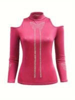 Rhinestone Butterfly Print Mock Neck T-Shirt, Casual Cold Shoulder Long Sleeve Top For Spring & Fall, Women'S Clothing - Image 7