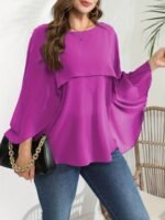 Women'S Plus Size Elegant Crew Neck Shirt, Solid Color Polyester 100%, Non-Stretch Woven Fabric, Versatile Blouse For Spring/Summer/Fall - Image 5