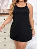 Plus Size Sleep Dress - Black Semi-Sheer Lace Trim Nightgown With Round Neck & Short Sleeves, Breathable Fabric For Year-Round Comfort, Hand Wash Only Women'S Loungewear, Lingerie Sleepwear, Home Relaxation, Cutout Details, Soft Material, Comfort Wear - Image 4