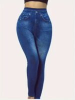 Plus Size Women'S Casual Style All-Season Stretch Denim-Look Leggings - High Elasticity, Machine Washable, Faux Pockets Detail, Polyester & Elastane Blend, Smooth Fabric, Ideal For Vacation, Plus Size Jeans.Non-Denim Pants With Denim Print - Image 5
