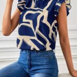 Elegant Women'S Abstract Print Stand Collar Blouse With Ruffle Sleeves - Short Sleeve, Polyester, Machine Washable, Dark Blue & Beige Design, Perfect For Summer Casual Wear, Stylish Office Attire | Ruffle Sleeve Top | Polyester Blouse, Ladies Blouses
