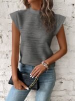 Textured Mock Neck T-Shirt, Elegant Cap Sleeve Top For Spring & Summer, Women'S Clothing - Image 4