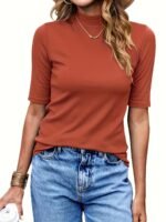 Women'S High-Neck Half-Sleeve Turtleneck T-Shirt - Stretchy Slim Fit Casual Top, Solid Black, Machine Washable For Spring/Fall Layering, Casual Attire Top, Versatile Fashion Top, Stretchy Fabric Top - Image 7