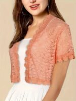 Women'S Elegant Yellow Lace Short Sleeve Cardigan - Sheer V-Neck, Short Length, All-Season Wear, Perfect For Formal Events And Casual Attire, Formal Attire|Elegant Lace Design|Sheer Fabric, Lace Coverup - Image 4