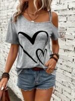 Heart Print Slant Shoulder T-Shirt, Casual Short Sleeve Top For Spring & Summer, Women'S Clothing