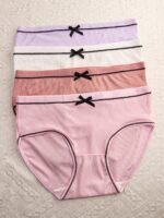 4Pcs Women'S Mid-Rise Briefs With Chic Bow Detail - Breathable & Comfortable Ribbed Texture In Assorted Colors, Stretchy Polyester Blend, Non-See-Through - Perfect For Casual Attire - Image 6