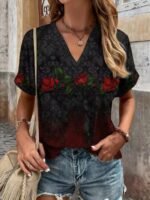 Women'S Bohemian Ethnic Print V-Neck Short Sleeve T-Shirt - Summer Casual Loose Fit Plus Size Top With Vibrant Geometric Patterns, Machine Washable, Cute T Shirts, Stylish Streetwear, Nontransparent Fabric - Image 3