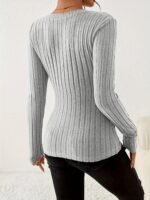 V Neck Slim Ribbed T-Shirt, Elegant Solid Long Sleeve Top For Spring & Fall, Women'S Clothing - Image 5