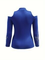 Rhinestone Butterfly Print Mock Neck T-Shirt, Casual Cold Shoulder Long Sleeve Top For Spring & Fall, Women'S Clothing - Image 9