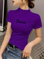 Chic Embroidered "Smile" Mock Neck T-Shirt For Women - Vibrant Orange, Short Sleeve, Slim Fit, Casual Spring/Summer Top, Machine Washable, Polyester & Spandex Blend - Image 5