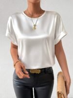 Women'S Batwing Short Sleeve Round Neck Blouse - Elegant Solid Color Non-See-Through Shirt, Machine Washable Lightweight Top For Spring Summer Fall, Versatile Casual & Formal Wear, Seasonal Fashion, Flowing Silhouette, Smooth Texture - Image 2