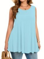 Plus Size Women'S Stretchy Sleeveless Round Neck Tank Top - Solid Color Casual Vacation Wear, Machine Washable Spring/Summer Tops, Ladies Tank Tops, Summer Plus Top, Flowy Fabric Top, Nontransparent Fabric, Travel Clothing, Relaxed Fit, Breathable Material, Warm Weather Outfits - Image 5