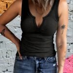 Solid Color Notched Neck Tank Top, Casual Sleeveless Tank Top For Summer, Women'S Clothing