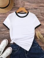 Contrast Trim Short Sleeve T-Shirt, Casual Crew Neck Top For Spring & Summer, Women'S Clothing - Image 9