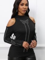 Rhinestone Butterfly Print Mock Neck T-Shirt, Casual Cold Shoulder Long Sleeve Top For Spring & Fall, Women'S Clothing - Image 3