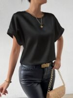 Women'S Elegant Satin Top, 100% Polyester Crew Neck Short Sleeve Solid Color Blouse, Regular Fit Casual Loose Tops For Spring/Summer, Woven Lightweight Fabric 120G/M? - All Seasons - Image 5