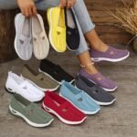 Women'S Breathable Knit Sneakers - Slip-On Low Top Sneakers With Plain Toe, Lightweight Pvc Sole, And Comfortable Fabric Upper For All-Day Wear (Green, Blue, Black, Purple, Pink), Casual Footwear | Minimalist Design | Breathable Fabric