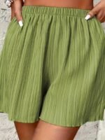 Women'S Plus Size Casual Wide-Leg Shorts Solid Green - Lightweight Polyester, Elastic Waistband, Perfect For Spring/Summer Vacations - Image 2