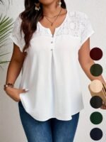 Women'S Plus Size Casual Top - Elegant Maroon Blouse With Contrast Lace Detail, Non-Stretch Fabric, Perfect For Spring/Summer/Fall, Plus Size Blouses - Image 6