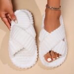 Women'S Cozy Plush Slides - Soft Beige Fleece Lining, Eva Sole, Classic Striped Design, Comfortable Indoor Shoes For All Seasons, Perfect Gift Idea, Indoor Slippers | Classic Striped Slides | Eva Sole Slippers - Image 6