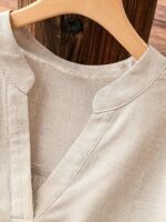 Plus Size Casual V-Neck Sleeveless Blouse With Fake Buttons - Beige, Asymmetrical Hem, Long-Sleeve, Non-Stretch Fabric, Perfect For Spring/Summer, Casual Attire|Vneck Blouse|Asymmetrical Hemline, Plus Size Shirts - Image 9