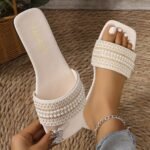 Elegant Women'S Summer Flat Slide Sandals - Chic Square Toe With Pearl & Rhinestone Embellishments, Casual Slip-On Design, Faux Cover Upper & Rubber Sole, Ladies Sandals - Image 6