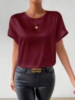 Women'S Plus Size Light Blue Woven Blouse - Elegant Short Sleeve Crew Neck, Solid Color, Non-Stretch Fabric, Perfect For Summer, Casual Summer Wear|Sleek Fitted Look|Nonstretch Material, Plus Size Blouses - Image 4
