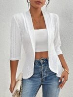 Women'S Elegant Open-Front Cardigan - Solid White, Half Sleeve, Eyelet Embroidery, Lightweight Knit, Spring/Fall Fashion Jacket, Lightweight Cardigan