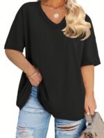 Women'S Plus Size Casual V-Neck T-Shirt, Polyester 95.0% Spandex 5.0%, Solid Color Knit Fabric, Retro Vacation Style Short Sleeve Tee For Spring/Summer, Ladies T Shirts - Image 8