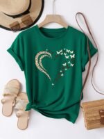 Casual Crew Neck Short Sleeve T-Shirt, Women'S Polyester Basic Round Neck Pullover, Heart Butterfly Pattern, With Slight Stretch, Regular Length And H Fit - Image 2