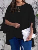 Plus Size Solid Ruffle Sleeve Blouse, Casual Crew Neck Irregular Hem Blouse For Spring, Women'S Plus Size?Clothing