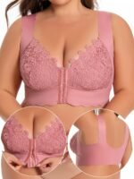 Plus Size High Support Seamless Non-Wired Wide Shoulder Strap Bra With Front Closure, Lace Detailing, V-Neck, Stretch Design, Comfortable Breathable, Suitable For Casual Attire, Ultra-Fitted Vest Style - Image 3