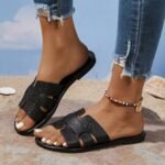 Women'S Summer Fashion Slip-On Flat Monogram Sandals, Solid Color Minimalist Open Toe Slides, All-Season Comfort, Man-Made Upper/Inner/Rubber Sole, Casual Outdoor Footwear - Image 22