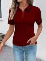 Women'S Elegant Black Shirt With White Collar & Cuff Detail - Short Sleeve, Zippered, Stretchy Polyester-Spandex Blend, Machine Washable, Perfect For Casual Or Professional Outfits - Image 3