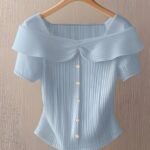 Women'S Summer Short Sleeve Top - Elegant Middle Eastern-Inspired Button-Front Design, Lightweight Breathable Fabric, Machine Washable Solid Color Blouse For Casual & Formal Wear, Versatile Clothing, Sophisticated Style, Ribbed Texture, Stylish Women