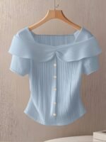 Women'S Summer Short Sleeve Top - Elegant Middle Eastern-Inspired Button-Front Design, Lightweight Breathable Fabric, Machine Washable Solid Color Blouse For Casual & Formal Wear, Versatile Clothing, Sophisticated Style, Ribbed Texture, Stylish Women
