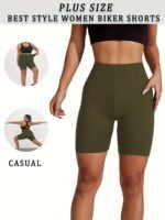 Plus Size Vibrant Green Biker Shorts For Women - Super Soft, No-See-Through, High-Waisted Workout & Yoga Gear, 15.24Cm Inseam, Stretchy Polyester/Spandex Blend, Machine Washable, Plus Size Shorts - Image 6