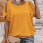 Women'S Light Blue Casual Crew Neck Short Sleeve T-Shirt With Tie-Back Detail - Soft Polyester Summer Top For Casual Attire, Ladies T Shirts