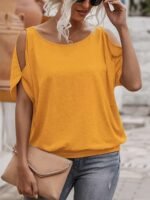 Women'S Light Blue Casual Crew Neck Short Sleeve T-Shirt With Tie-Back Detail - Soft Polyester Summer Top For Casual Attire, Ladies T Shirts