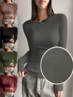 Women'S Fall And Winter Thermal Knit Top, Solid Color, Polyester, Long Sleeve, Warm Baselayer Undergarment