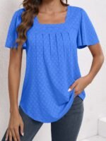 Plus Size Women'S Square Neck Ruffle Sleeve Top - Breathable Eyelet Cut-Out Fabric, Unique Chest Pleat Design, Elegant Fashion For Spring Summer Fall, Formal & Casual Wear, Casual Wear Top | Pleated Detail Top | Stretchy Fabric Top, Ladies T Shirts - Image 3
