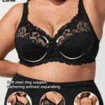 Plus Size, Elegant Black Lace Bra With Soft Steel Ring Support - Adjustable, Comfortable, Breathable, And Lightweight For Everyday Wear, No Padding, Underwire, Comfort Bra|Elegant Lace Bra|Soft Steel Ring Support, Plus Size Bra