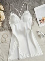 Women'S Leopard Print Satin Nightgown - Sexy V-Neck, Asymmetrical Hem With Tie Detail, Sleeveless Sleepwear For Spring/Summer/Fall, Adult, Leopard Print Nightgown - Image 2