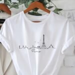 Women'S Casual Crew Neck T-Shirt With Geometric Paris Eiffel Tower Print, Short Sleeve Knit Fabric Top, 100% Polyester, All Seasons - White
